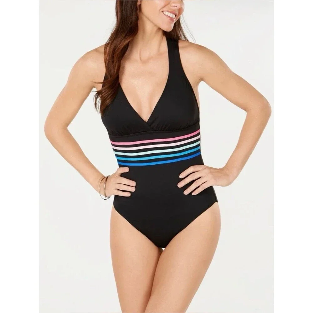 La Blanca Island Goddess Stripe One Piece Swimsuit Black Strappy Back 8